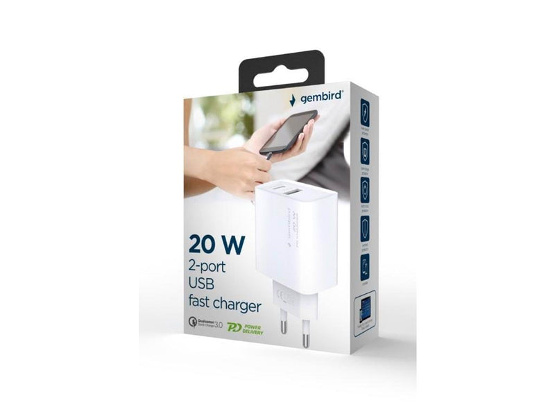 Gembird Universal GaN USB charger QC 3.0 & PD 20W 2-port - White