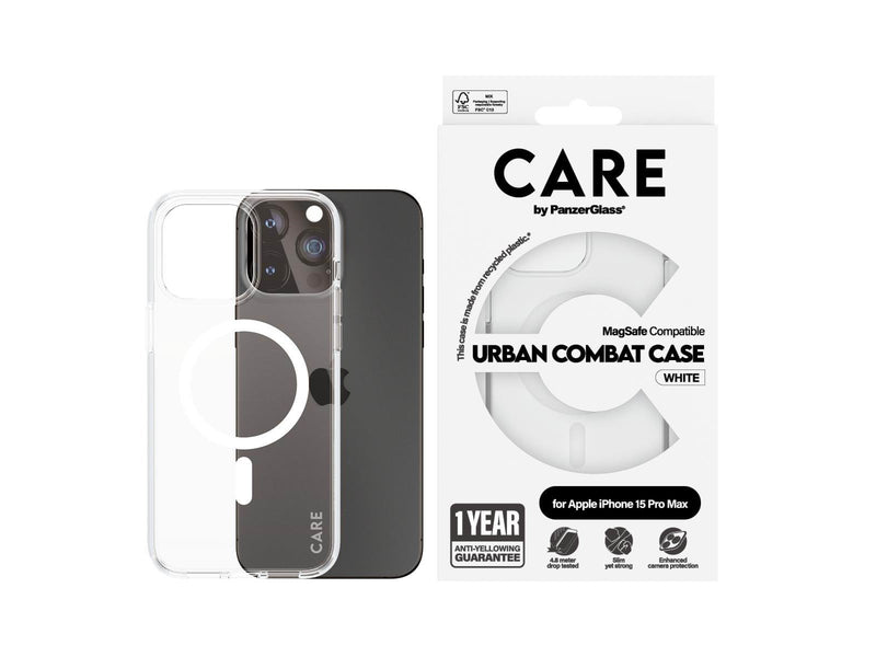 CARE by PanzerGlass Flagship Case Transparent Urban Combat w. White MagSafe iPhone 15 Pro Max