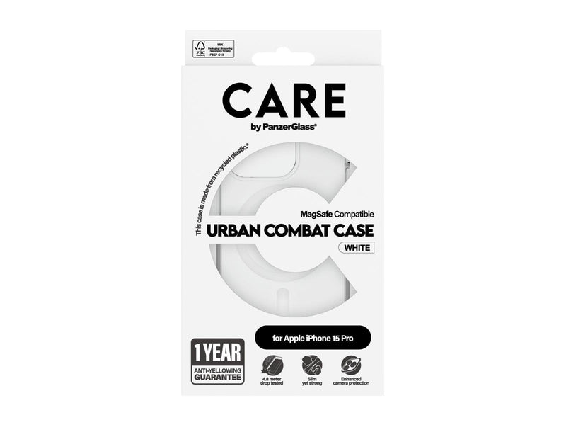 CARE by PanzerGlass Flagship Case Transparent Urban Combat w. White MagSafe iPhone 15 Pro