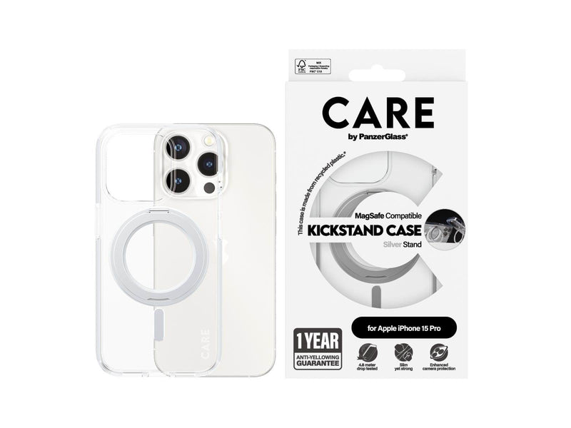 CARE by PanzerGlass Feature Case Transparent w. Silver Kickstand & MagSafe iPhone 15 Pro