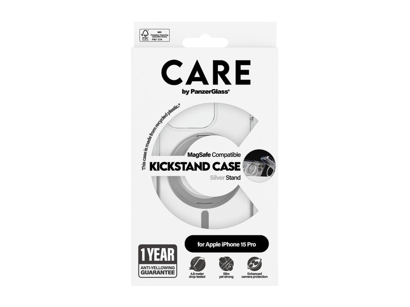 CARE by PanzerGlass Feature Case Transparent w. Silver Kickstand & MagSafe iPhone 15 Pro