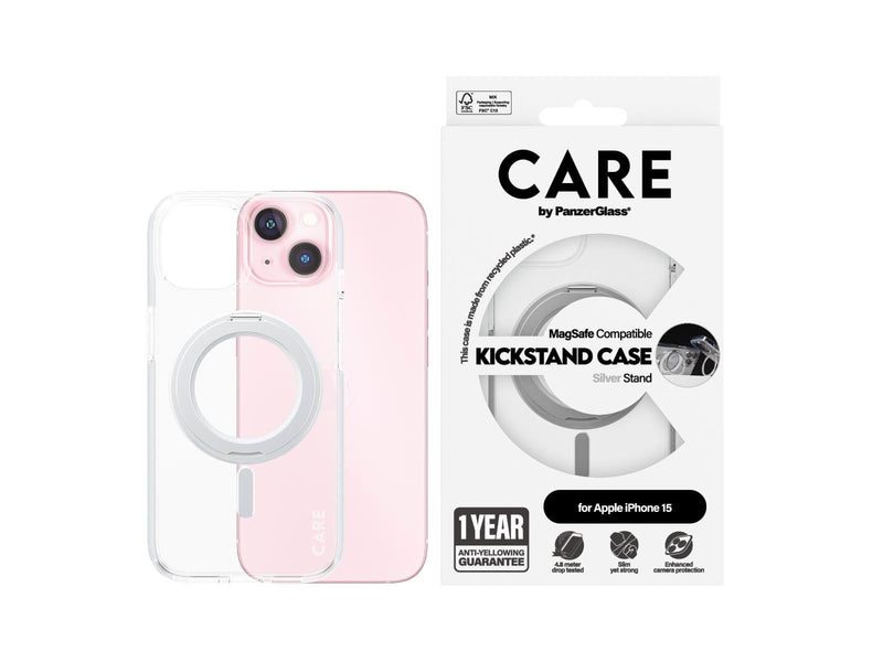CARE by PanzerGlass Feature Case Transparent w. Silver Kickstand & MagSafe iPhone 15
