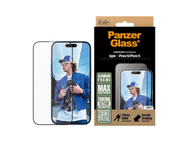 PanzerGlass Screen Protector Aluminum Frame iPhone 16 | Ultra-Wide Fit