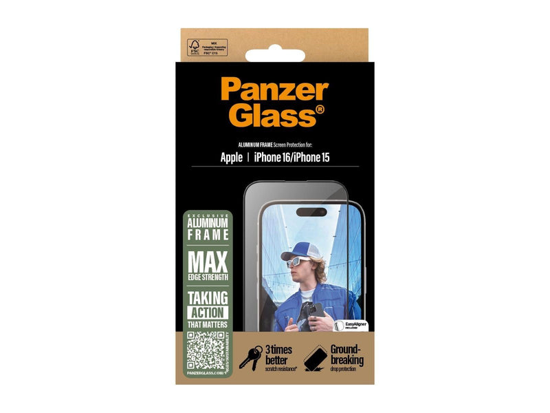 PanzerGlass Screen Protector Aluminum Frame iPhone 16 | Ultra-Wide Fit