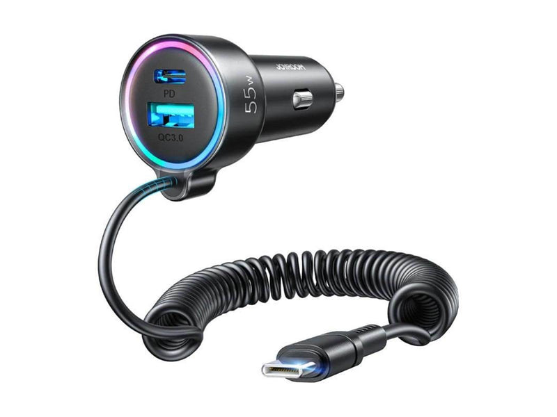 Joyroom Car charger  JR-CL07 3-in-1 1x USB + 1x PD 55W + Type-C cable (black)