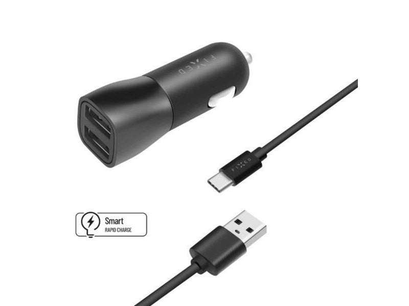 FIXED Car Charger 2x USB-A 15W/USB-C cable 1m Black