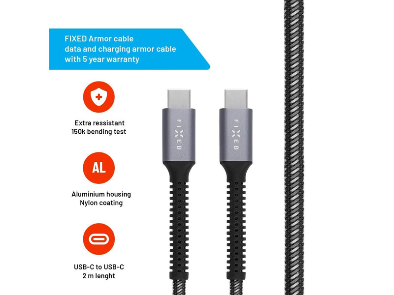 FIXED ARMOR series 240W USB-C/C braided cable 2m Grey