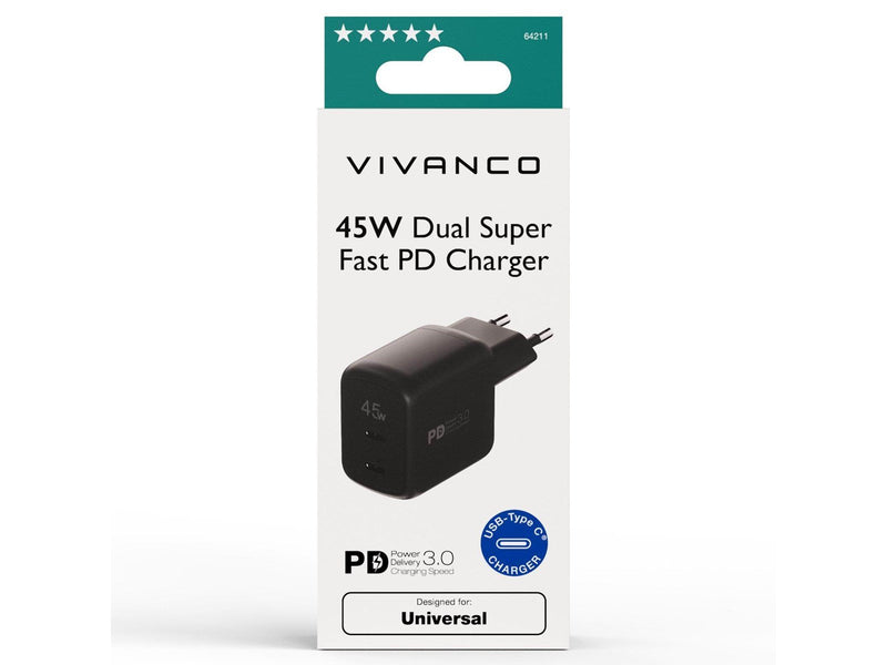 Vivanco Super Fast 45W Dual Home Charger Black