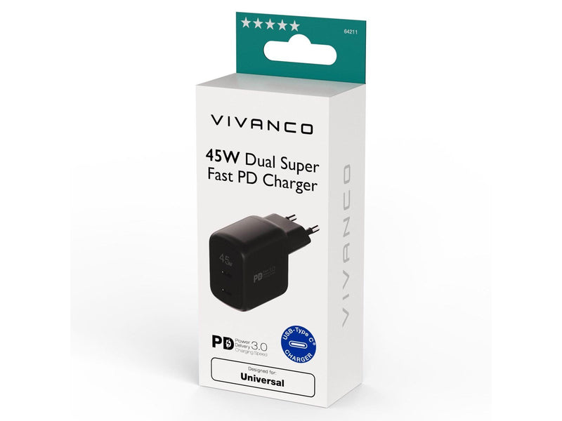 Vivanco Super Fast 45W Dual Home Charger Black