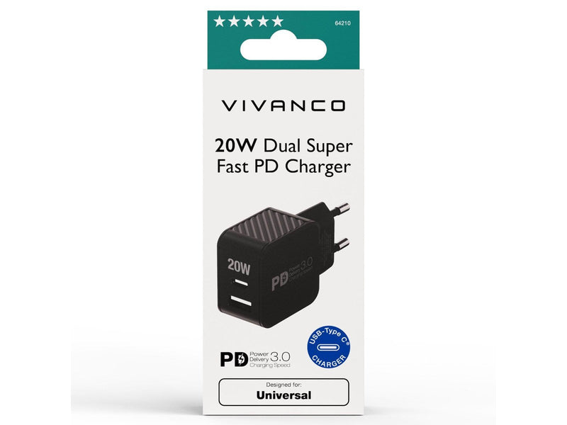 Vivanco Fast 1xUSB-C PD/ USB-A Home Charger 20W Black