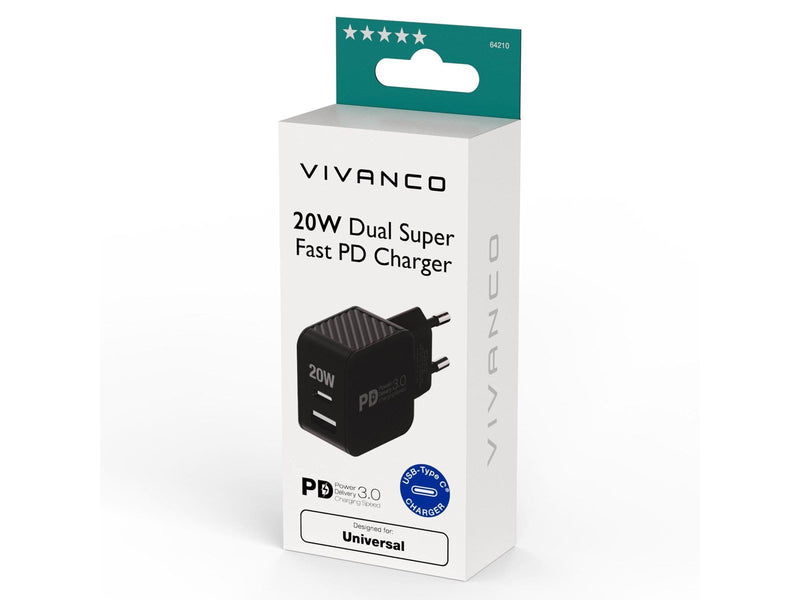 Vivanco Fast 1xUSB-C PD/ USB-A Home Charger 20W Black