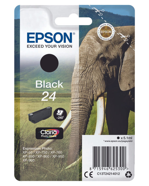Epson Original 24 Elefant Druckerpatrone schwarz 240 Seiten 5,1ml (C13T24214012)