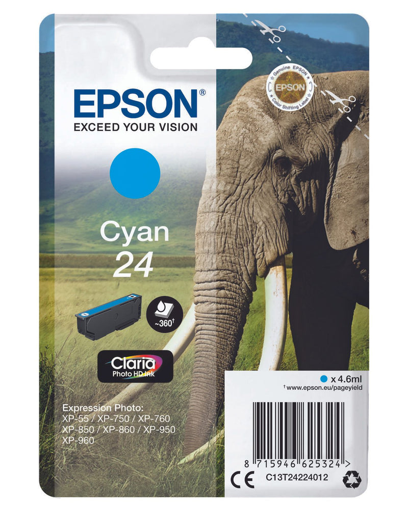 Epson Original 24 Elefant Druckerpatrone cyan 360 Seiten 4,6ml (C13T24224012)
