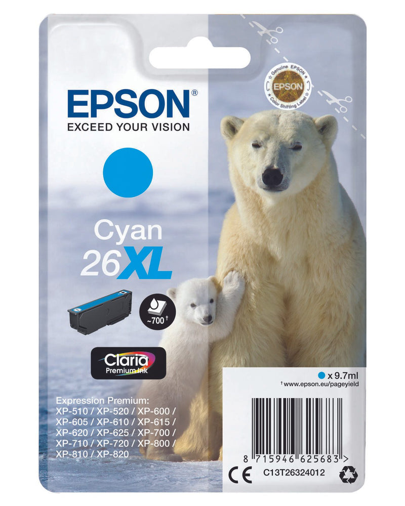 Epson Original 26XL Eisbär Druckerpatrone cyan 700 Seiten 9,7ml (C13T26324012)
