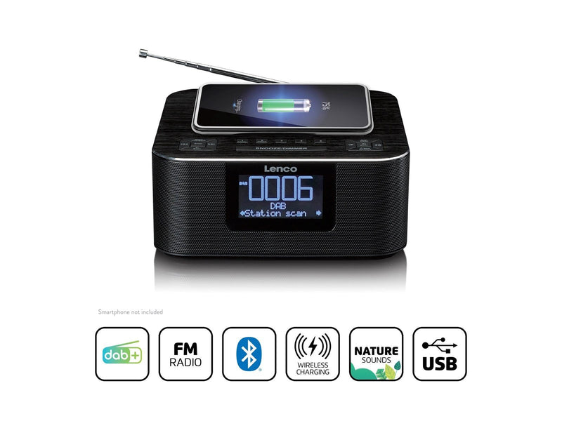 Lenco CR-650BK - DAB+/ FM Clock Radio with Bluetooth® and wireless charging black - DAB/DAB+/FM - Stereo - schwarz