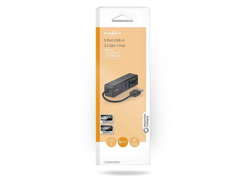 Nedis USB-hub | 1x USB-A | 3x USB A Female | 5 port(s) USB-Hubs - USB 2.0 - 4 - Schwarz