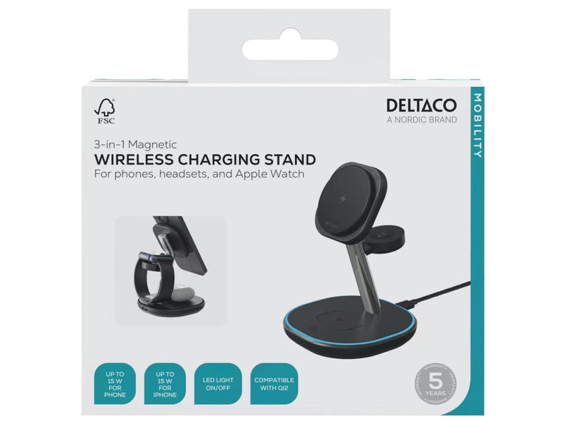 Deltaco 3-in-1 magnetic wireless charging Stand