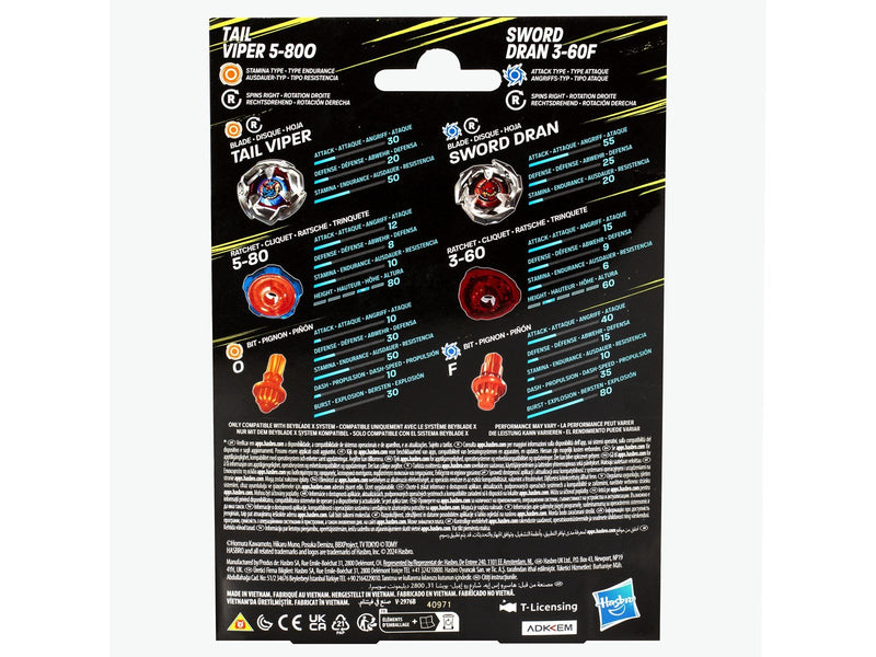 Beyblade X Tail Viper 5-80O and Sword Dran 3-60F Top Dual Pack Set Ages 8+