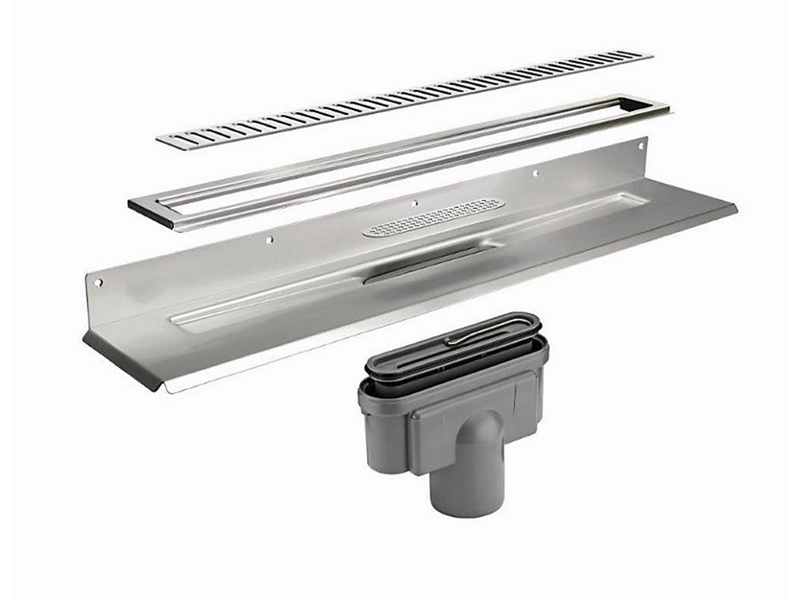 Unidrain Complete floor drain against rear wall 900 mm 10 mm frame Column grate 75 mm vertical outlet housing