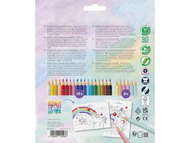 Faber Castell Colour Grip - colour pencil pack of 24 with unicorn sticker
