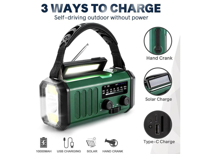Lippa Emergency Radio - Solar - Dynamo - Compass - 10.000 mAh Power Bank - AM/FM - Mono - Grün