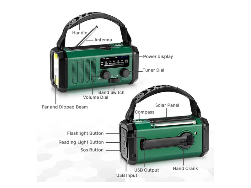 Lippa Emergency Radio - Solar - Dynamo - Compass - 10.000 mAh Power Bank - AM/FM - Mono - Grün