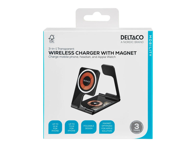 Deltaco 3-in-1 Transparent Wireless Charger