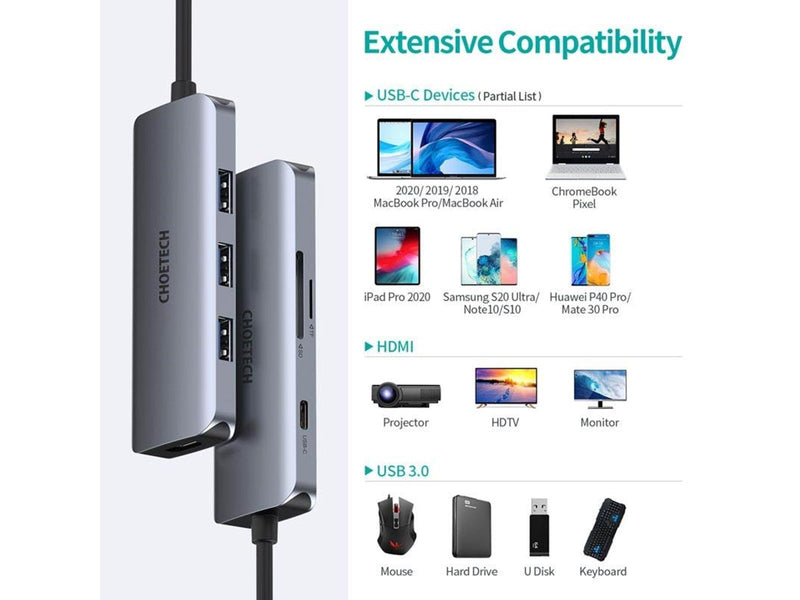 Choetech Adapter 7w1 HUB-M19 USB-C (silver) USB-Hubs