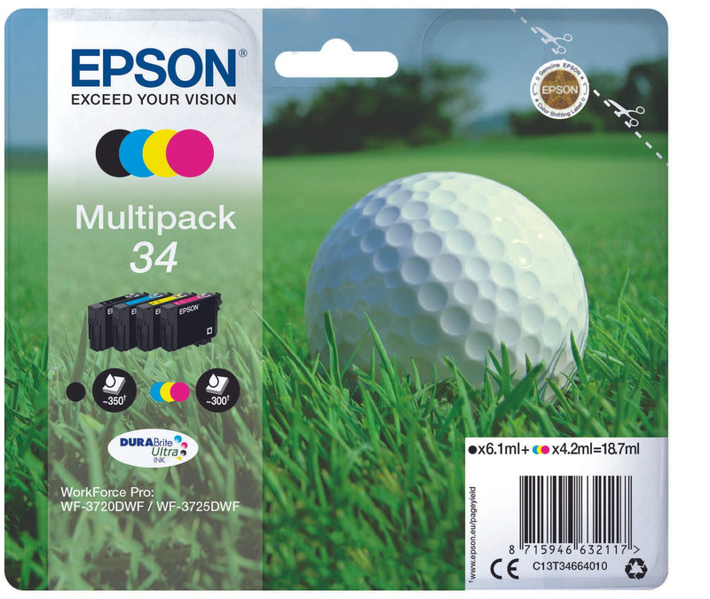 Epson Original 34 Golfball Druckerpatronen 4er Multipack BK/C/M/Y (C13T34664010)