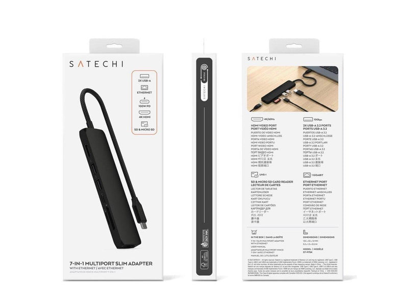Satechi 7-in-1 USB-C Slim Multiport Adapter with Ethernet - Black