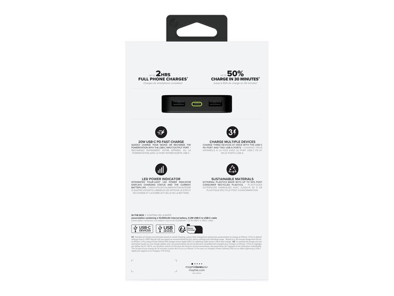 Mophie Powerstation USB 24 pin USB-C - 20 Watt Powerbank (Akku) - schwarz - 10000 mAh