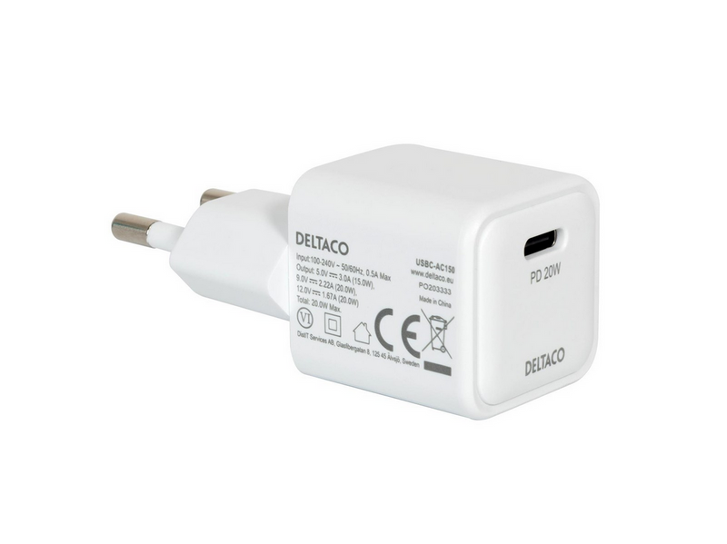 Deltaco USB-C mini wall charger 1x USB-C PD 20 W white
