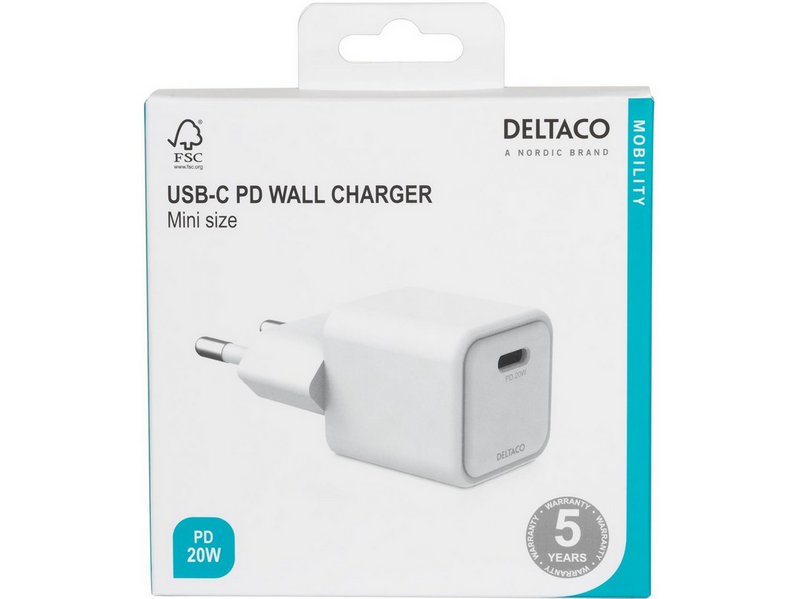 Deltaco USB-C mini wall charger 1x USB-C PD 20 W white