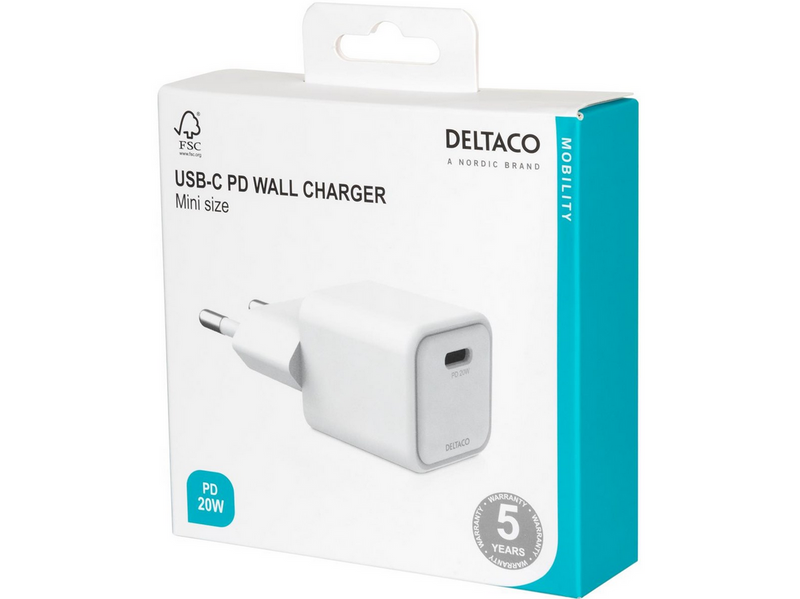 Deltaco USB-C mini wall charger 1x USB-C PD 20 W white
