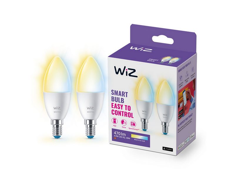WiZ Tunable C37 E14 Smart Candle Bulb 2-pack - Dimmable warm-to-cold White LED