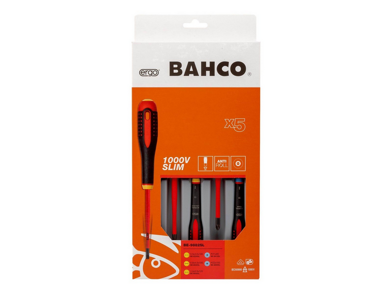 BAHCO 9882sl insulated slotted screwdrivers 5 pcs 1000v - slimblade be-9882sl