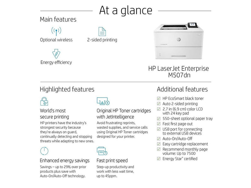 HP LaserJet Enterprise M507dn - Mono Laser - A4 Duplex - 43 ppm - Einfarbig -