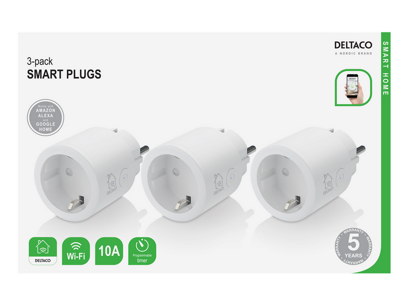 Deltaco SMART HOME switch WiFi 2.4GHz 1xCEE 7/3 10A timer 220-240V 3-pack white
