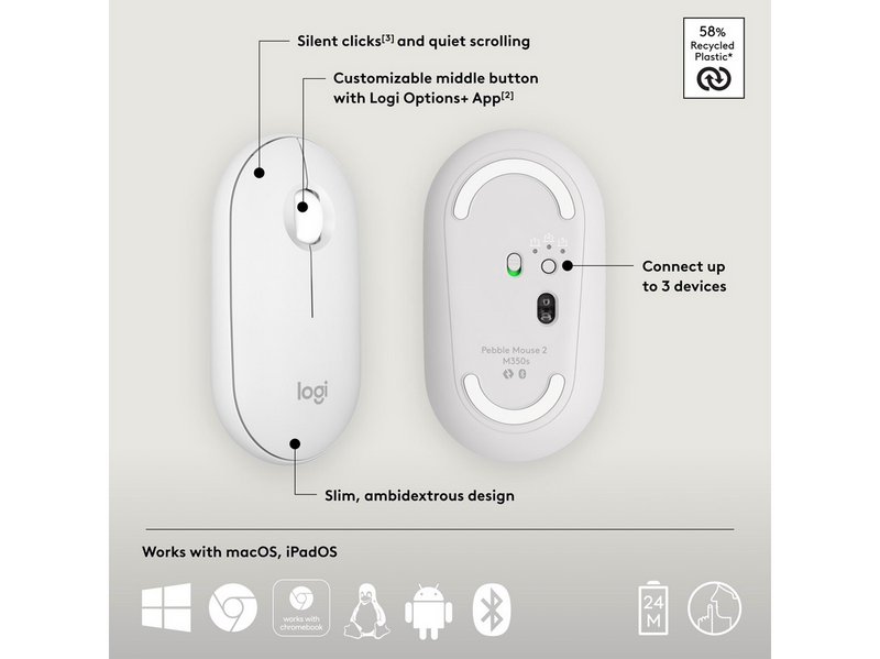 Logitech Pebble Mouse 2 M350s Wireless - Tonal White - Maus (Weiß)