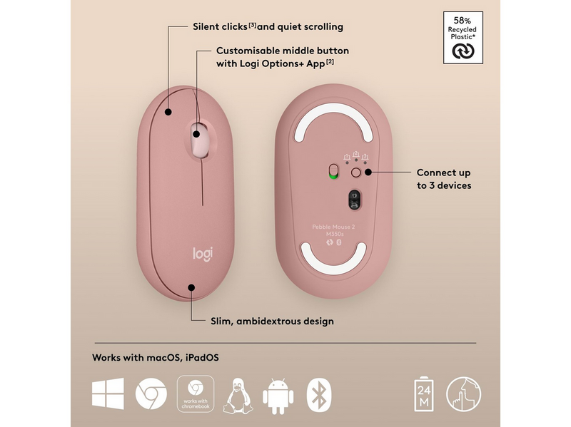 Logitech Pebble Mouse 2 M350s Wireless - Tonal Rose - Maus (Rot)