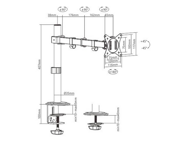 Gembird Monitor Arm Pole - Adjustable desk arm 1-display 17"-32"