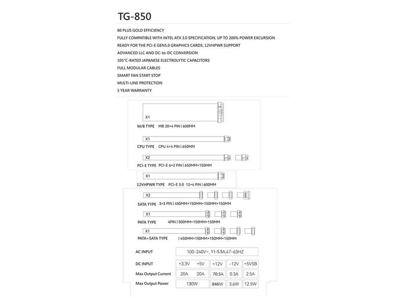 Thermalright TG (Modular) Weiß - Netzteile - 850 Watt - 120 mm - ATX 3.0 - 80