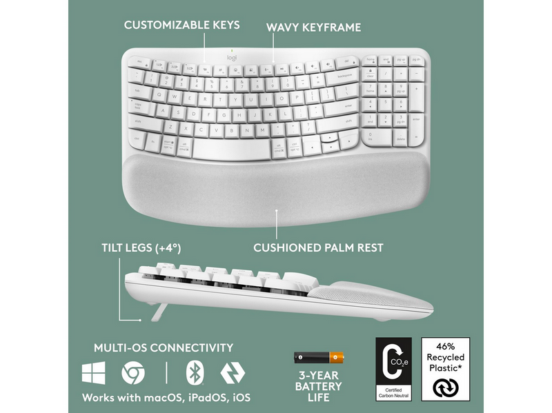 Logitech Wave Keys - Off-White - ND - Ergonomische Tastatur - Nordic ISO - Weiss