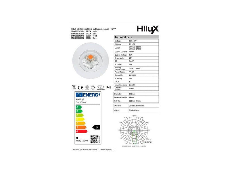 HiluX D8 Tilt360 - Full Spectrum LED Recessed spot - Ra97 - 3000K - White