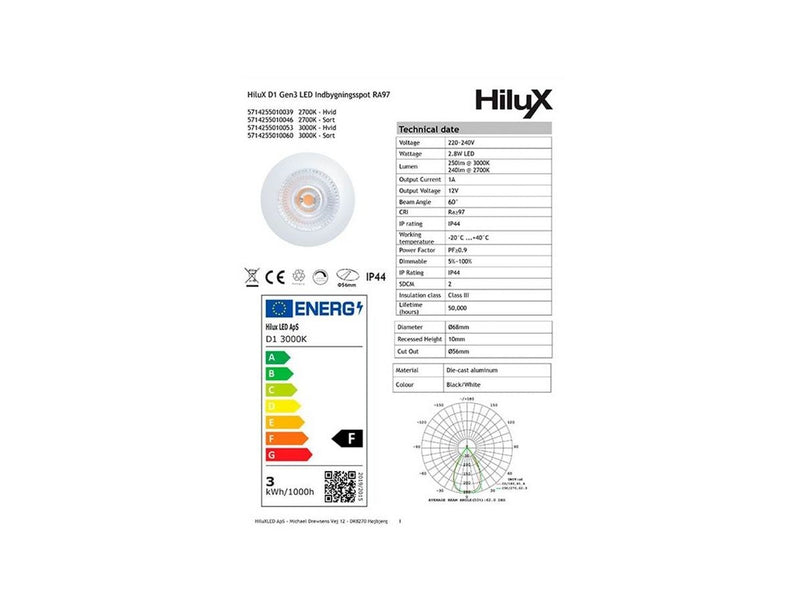 HiluX D1 Gen3 - Full Spectrum LED Recessed spot - 2.8W - Ra97 2700K - White