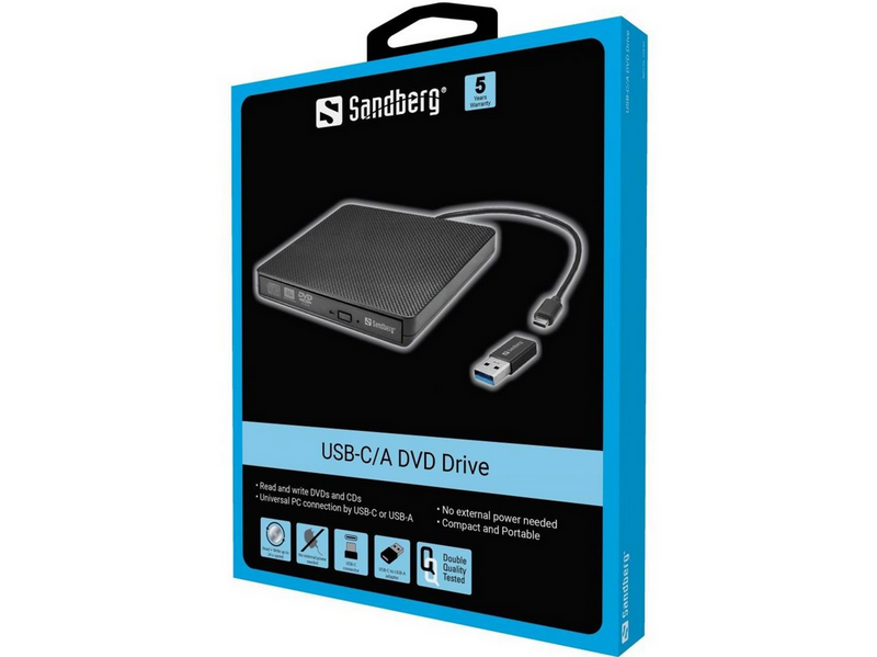 Sandberg USB-C/A DVD Burner - CD-RW (Brenner) - USB-C - Schwarz