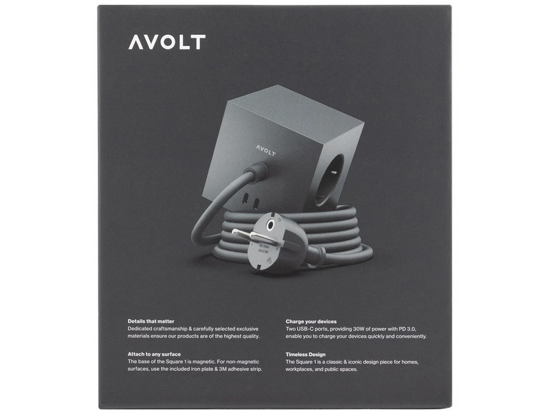 AVOLT Square 1 with 30W Dual USBC & Magnetic base 1.8m Stockholm Black