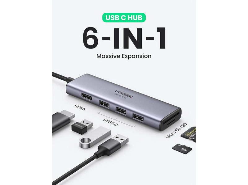 UGREEN 6-In-1 Usb C Hub 4k@60hz USB-Hubs - 6 - silber