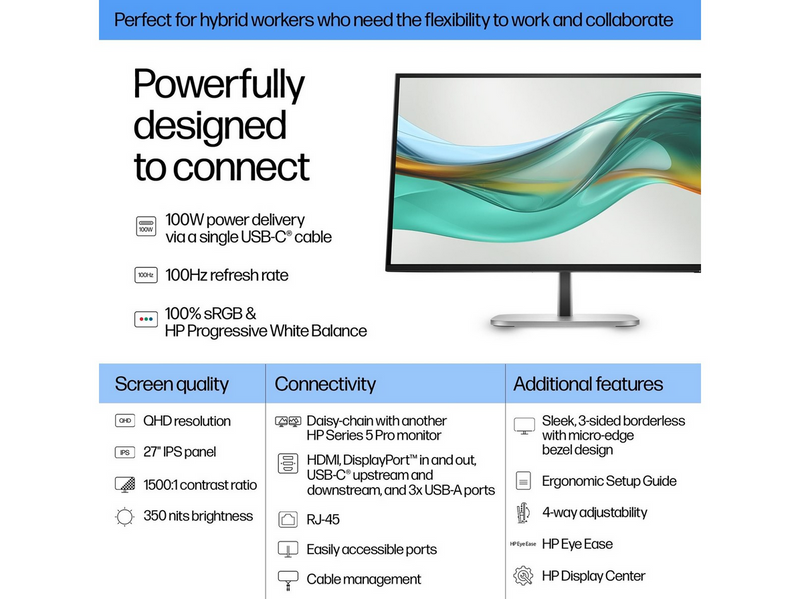 27" HP 527pu Series 5 Pro - 2560x1440 (QHD) - 100Hz - IPS - 100W USB-C
