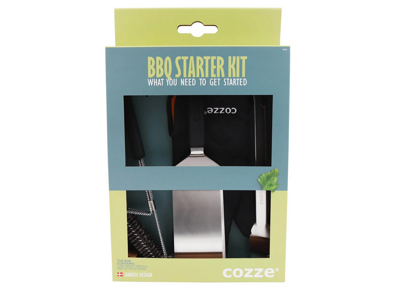 cozze BBQ Set 4-teilig: Spachtel, Zange, Grillbürste & Hand